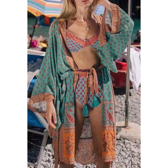 Other - Bohemian Rust & Turquoise Kimono Wrap Coverup